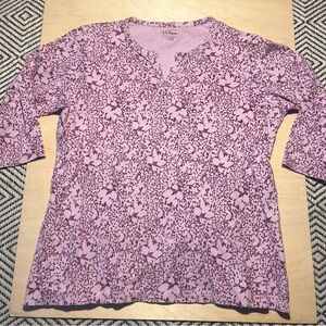 LL Bean 3/4 length sleeve 100% cotton pink and burgundy blouse casual